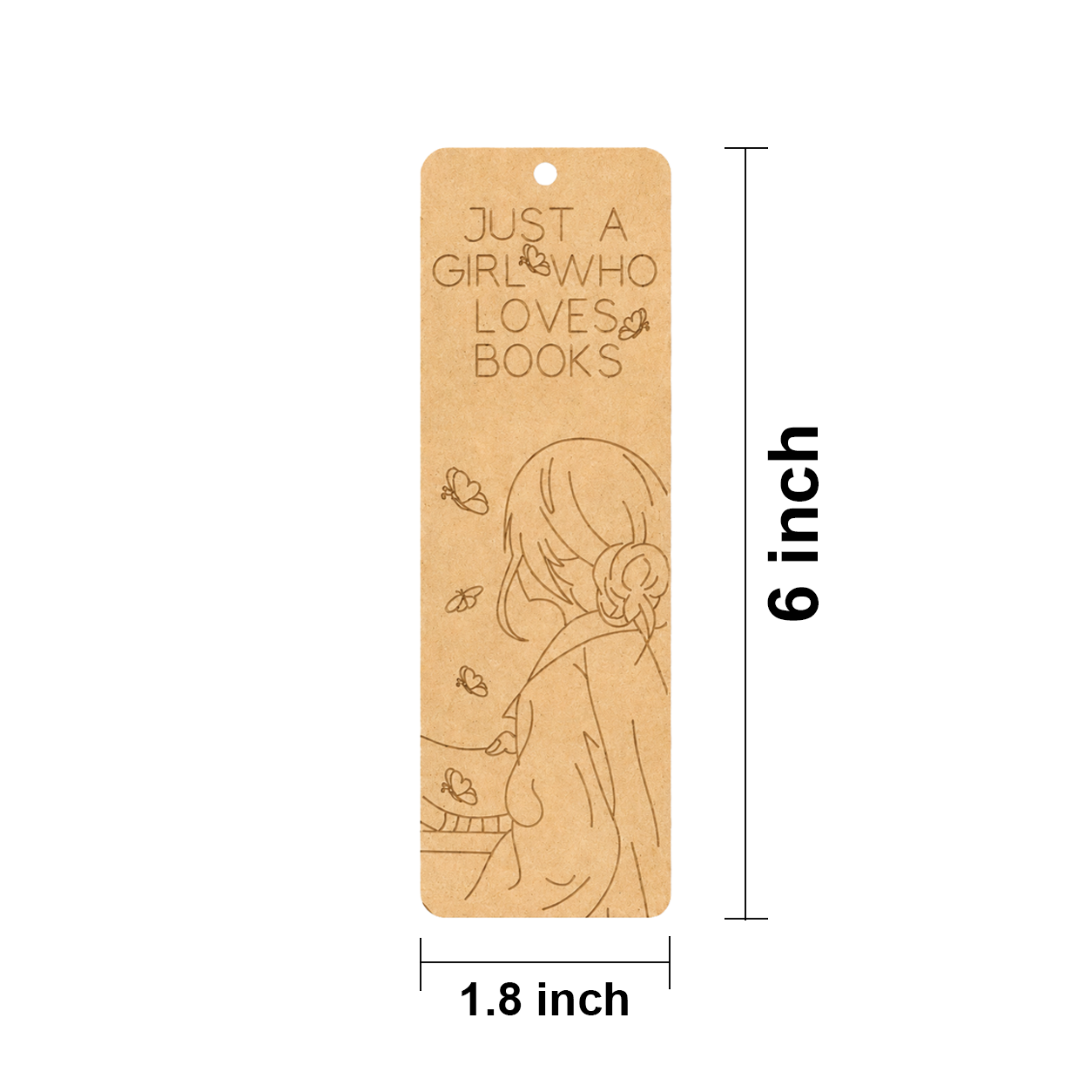 MDF DIY bookmark with engraved design and text, dimensions indicated.