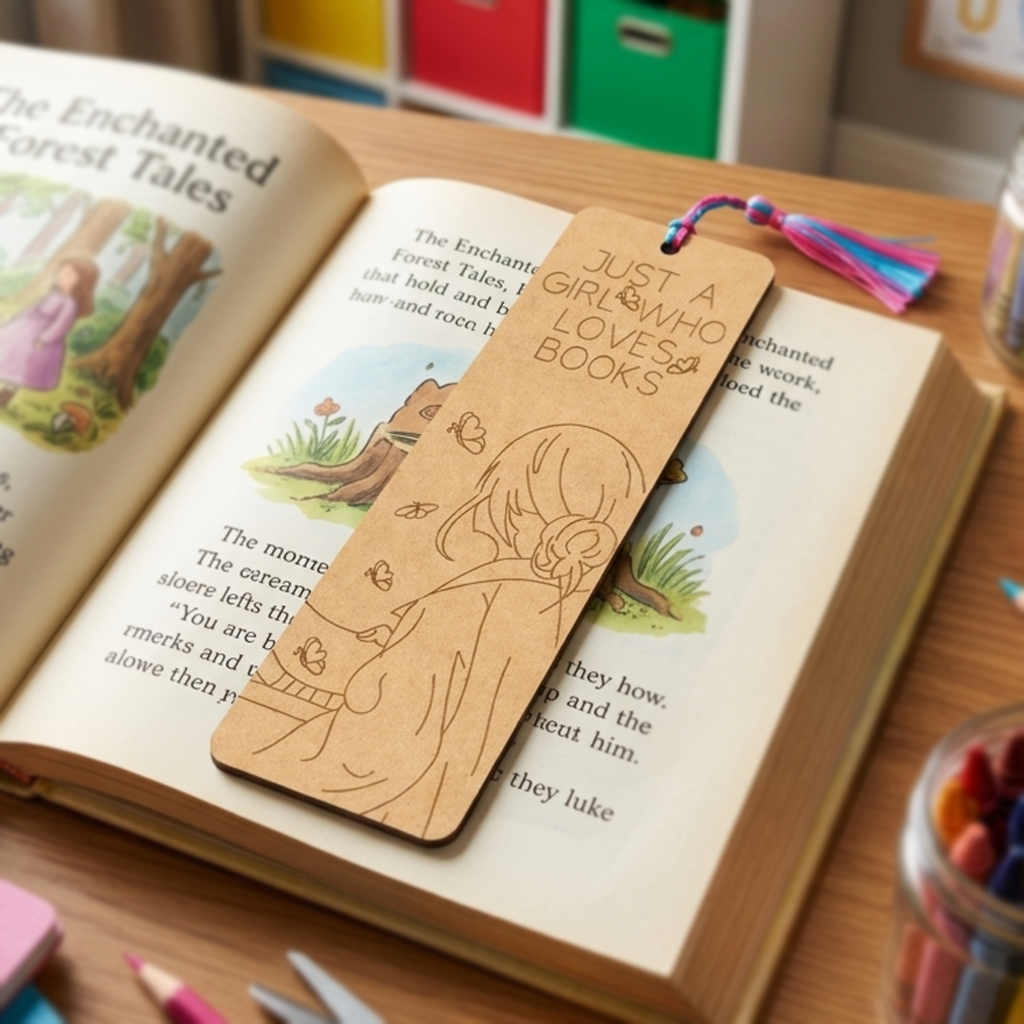 MDF DIY  bookmark with a design on an open book with stationery items in the background.