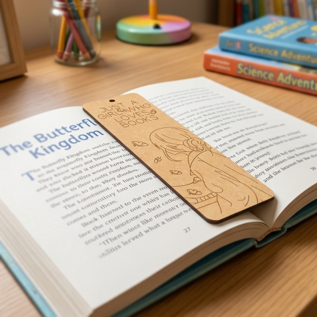 MDF DIY bookmark with a design on an open book