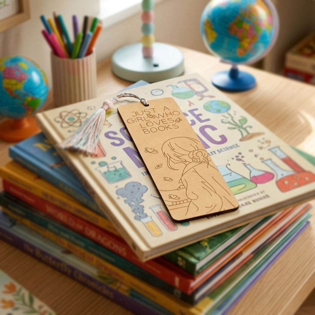 MDF DIY  bookmark with a design on an book with stationery items in the background.