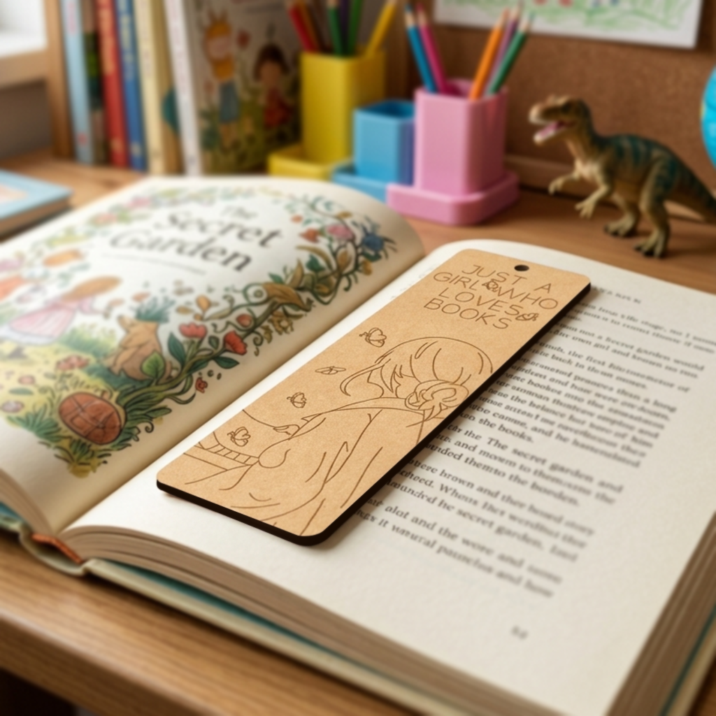 MDF DIY  bookmark with a design on an open book with stationery items in the background.