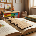  MDF DIY  bookmark on an open book with a colorful desk and toys in the background