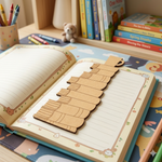 Open notebook with a  MDF DIY  bookmark  on a colorful children's desk