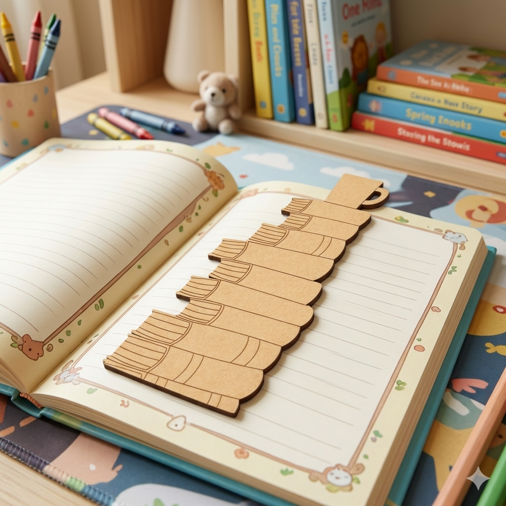 Open notebook with a  MDF DIY  bookmark  on a colorful children's desk