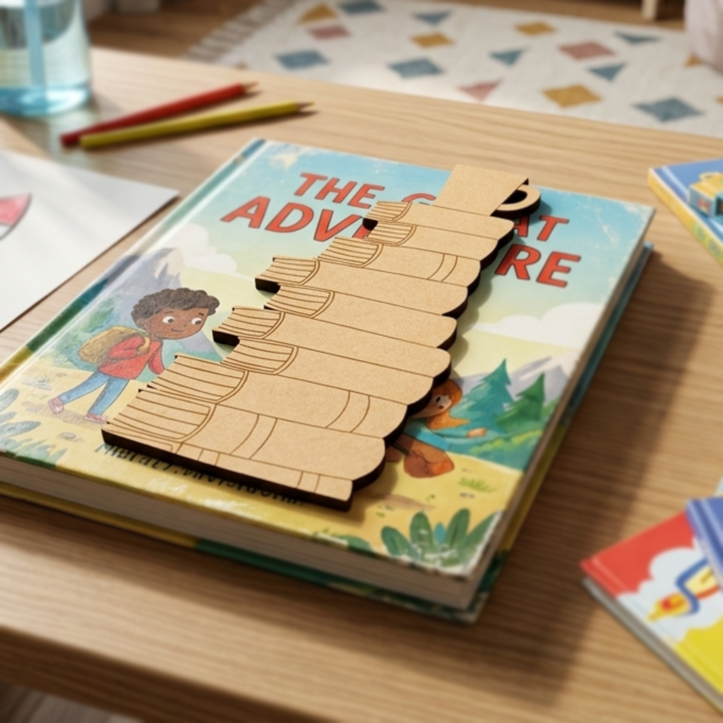 Children's book with a  MDF DIY  bookmark cutout on a wooden table