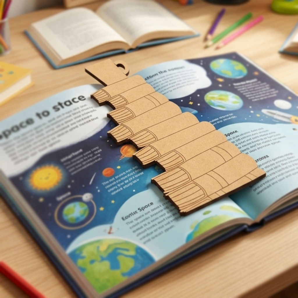  MDF DIY  bookmark rocket model on an open book with space-themed illustrations