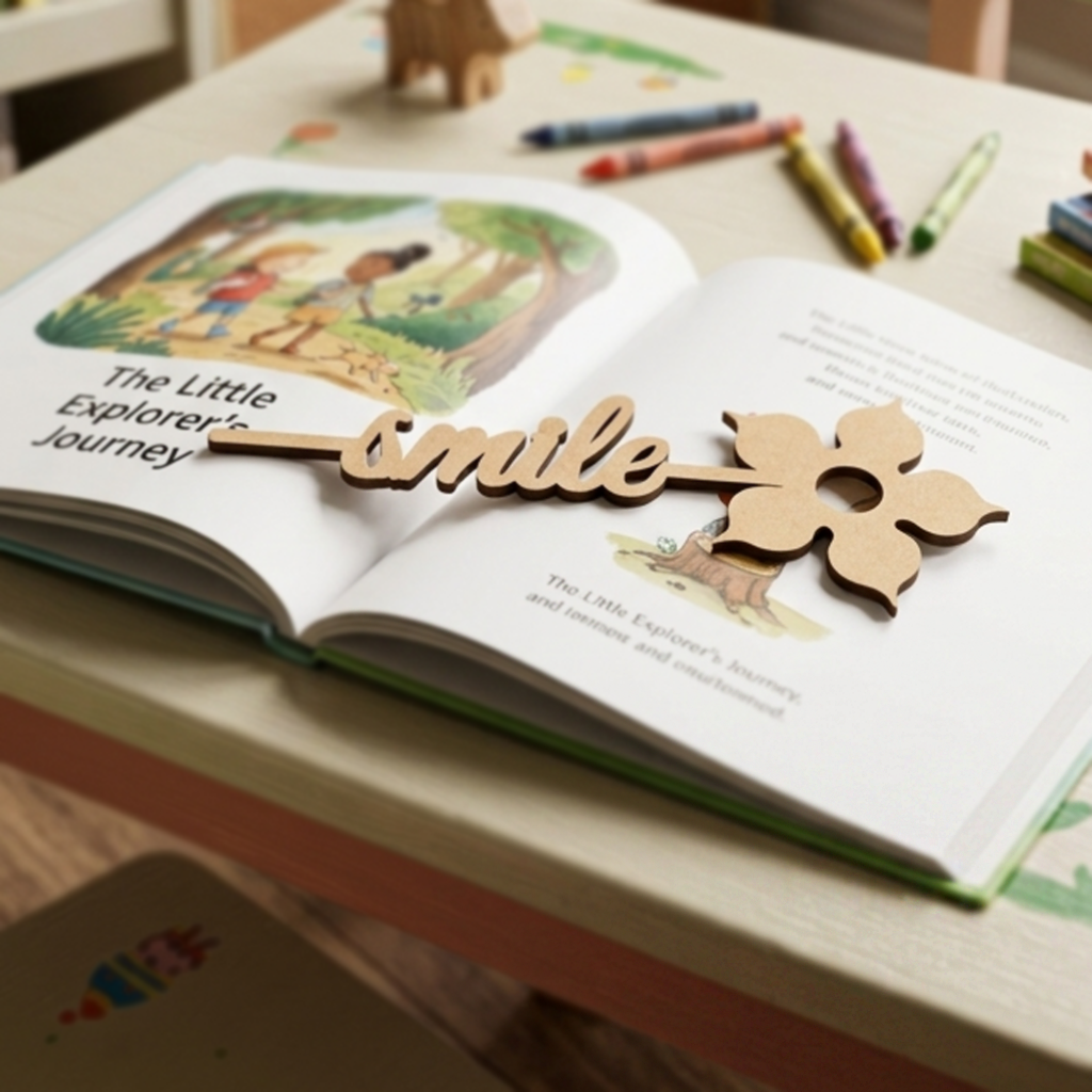 Open book with a  MDF DIY  bookmark 'smile' on top, placed on a table with crayons around.
