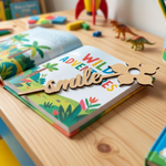 Open book with colorful illustrations and  MDF DIY  bookmark 'smile' on a wooden surface with toys in the background