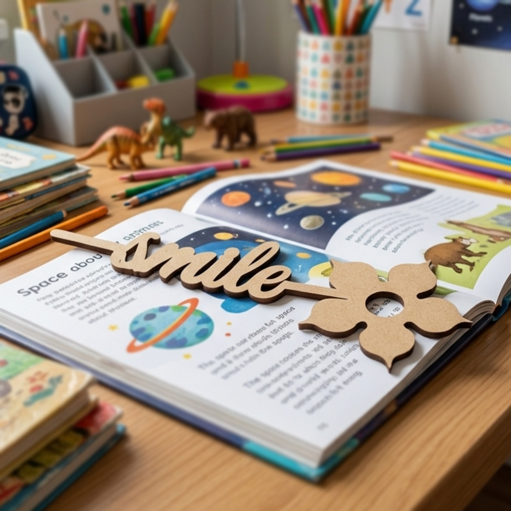 MDF DIY  bookmark piece with 'smile' on top of an open book with space-themed illustrations.