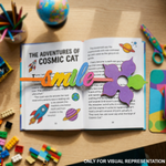 Open book with colorful cutout  MDF DIY  bookmark 'smile' on a wooden surface with toys around