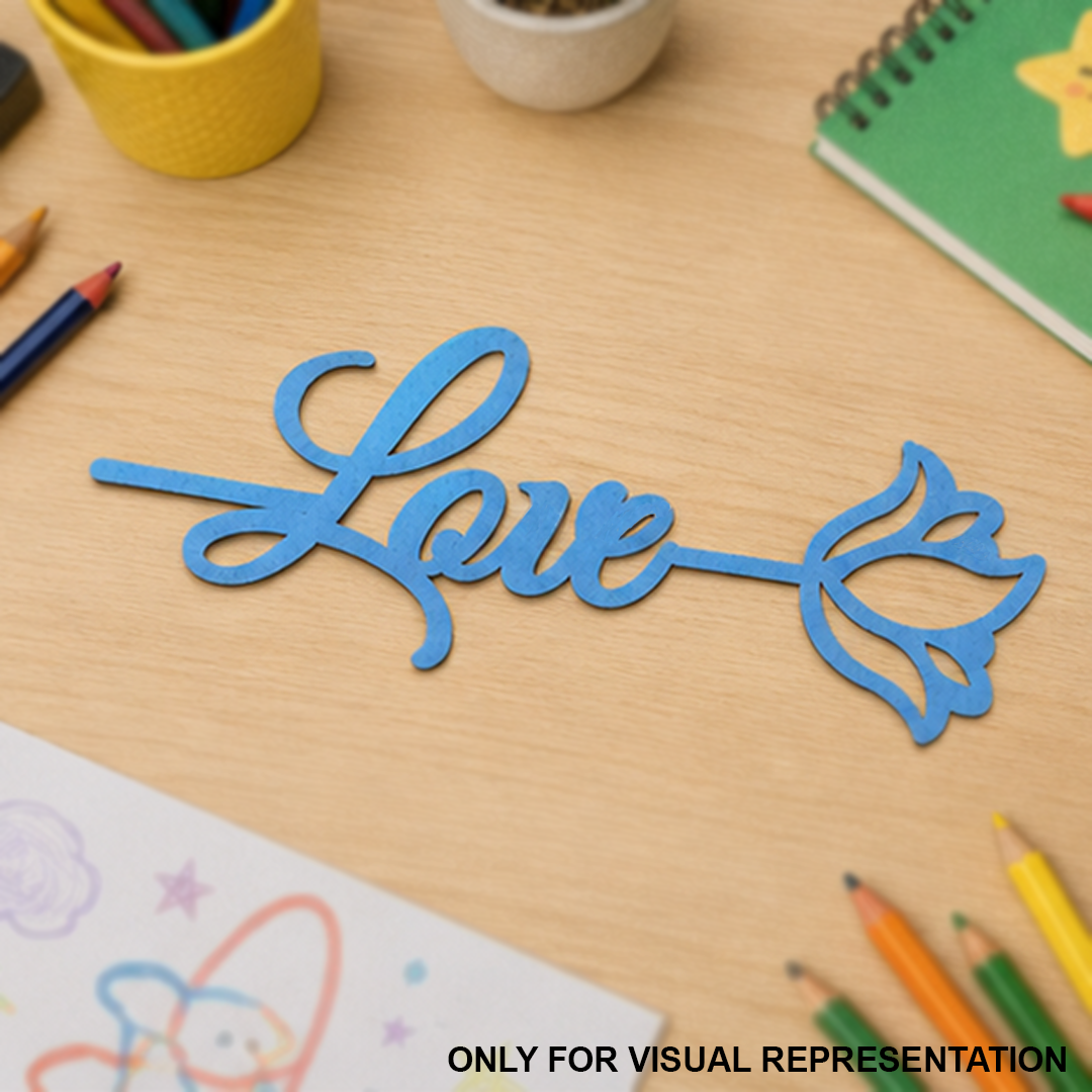 Blue decorative word 'Love' with an arrow on a  MDF DIY Bookmark with stationery items.