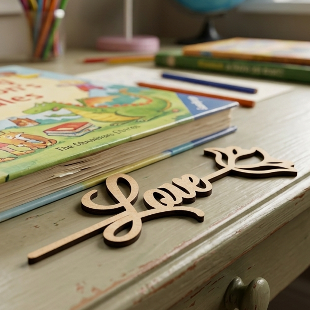  MDF DIY  bookmark 'love' sign on a desk with books and pencils in the background