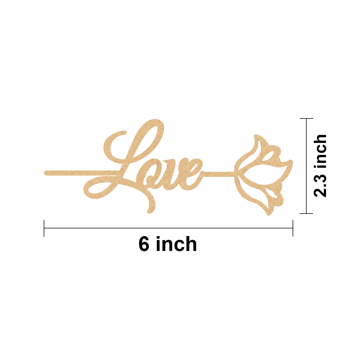 Decorative  MDF DIY  bookmark with 'Love' and a flower design, shown with measurements on a white background.