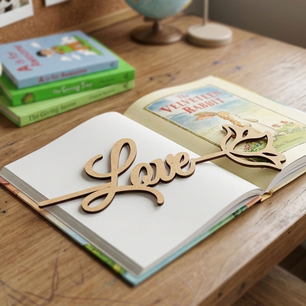  MDF DIY Bookmark 'Love' decoration on an open book with children's books in the background.