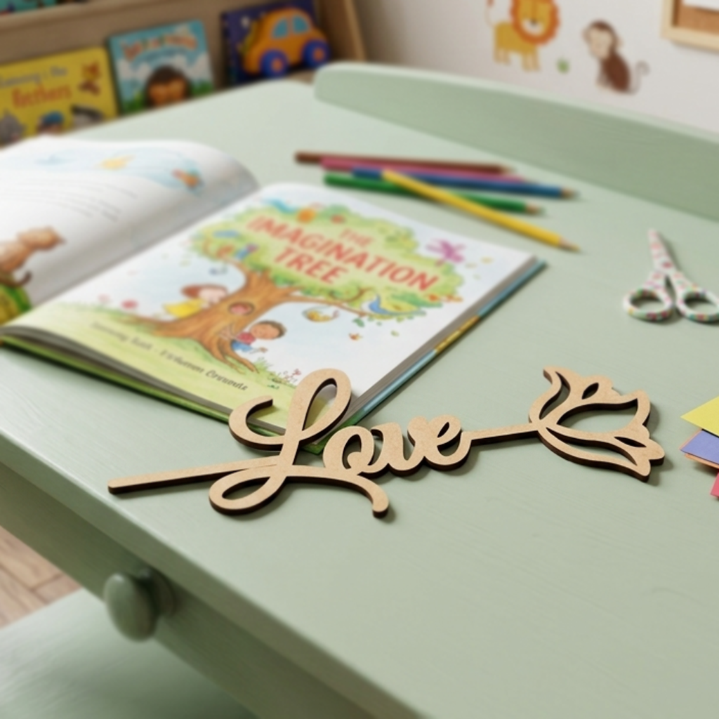  MDF DIY Bookmark 'Love' decoration on a child's desk with books and pencils.