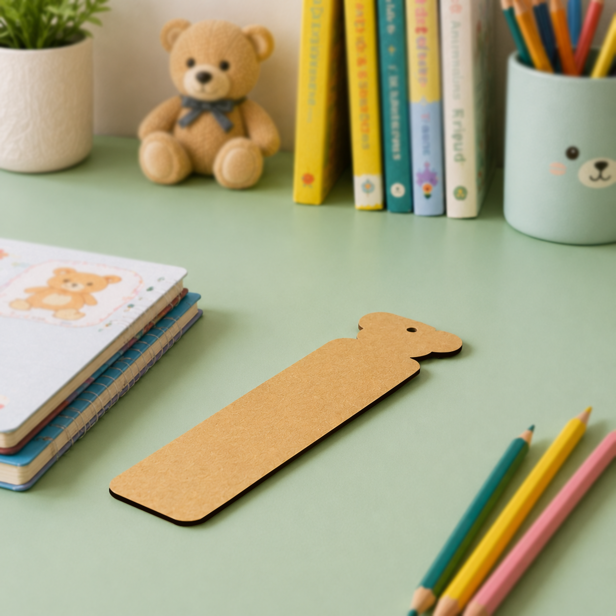  MDF DIY  bookmark on a green surface with books, a teddy bear, and colored pencils in the background.
