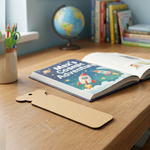 Open book titled 'Max's Cosmic Adventure' on a wooden desk  MDF DIY  bookmark and stationery items.