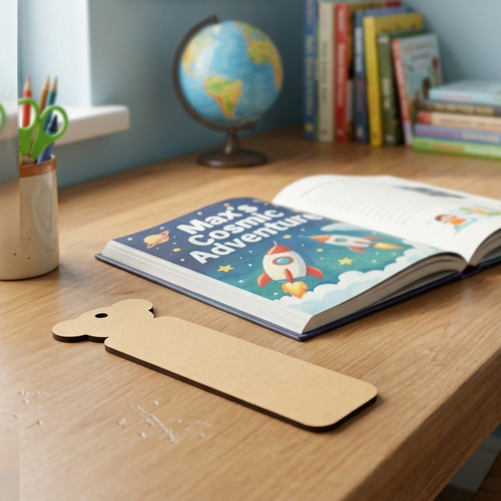 Open book titled 'Max's Cosmic Adventure' on a wooden desk  MDF DIY  bookmark and stationery items.