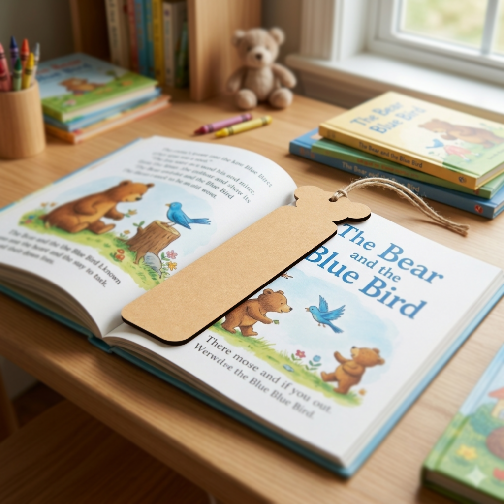Children's book titled 'The Bear and the Blue Bird' with a MDF DIY bookmark on a wooden table.