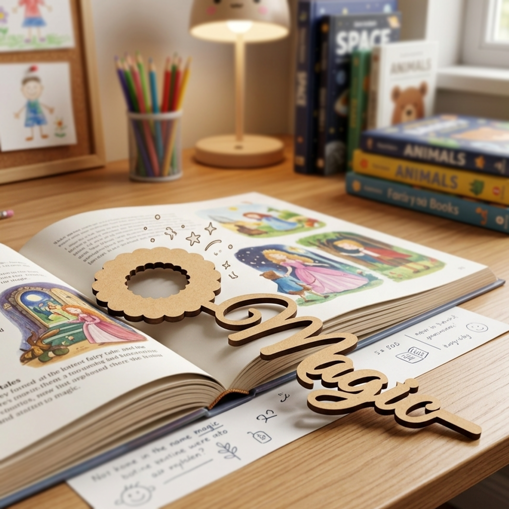 MDF DIY Bookmark spelling 'Wendy' on an open book with a lamp and books in the background.