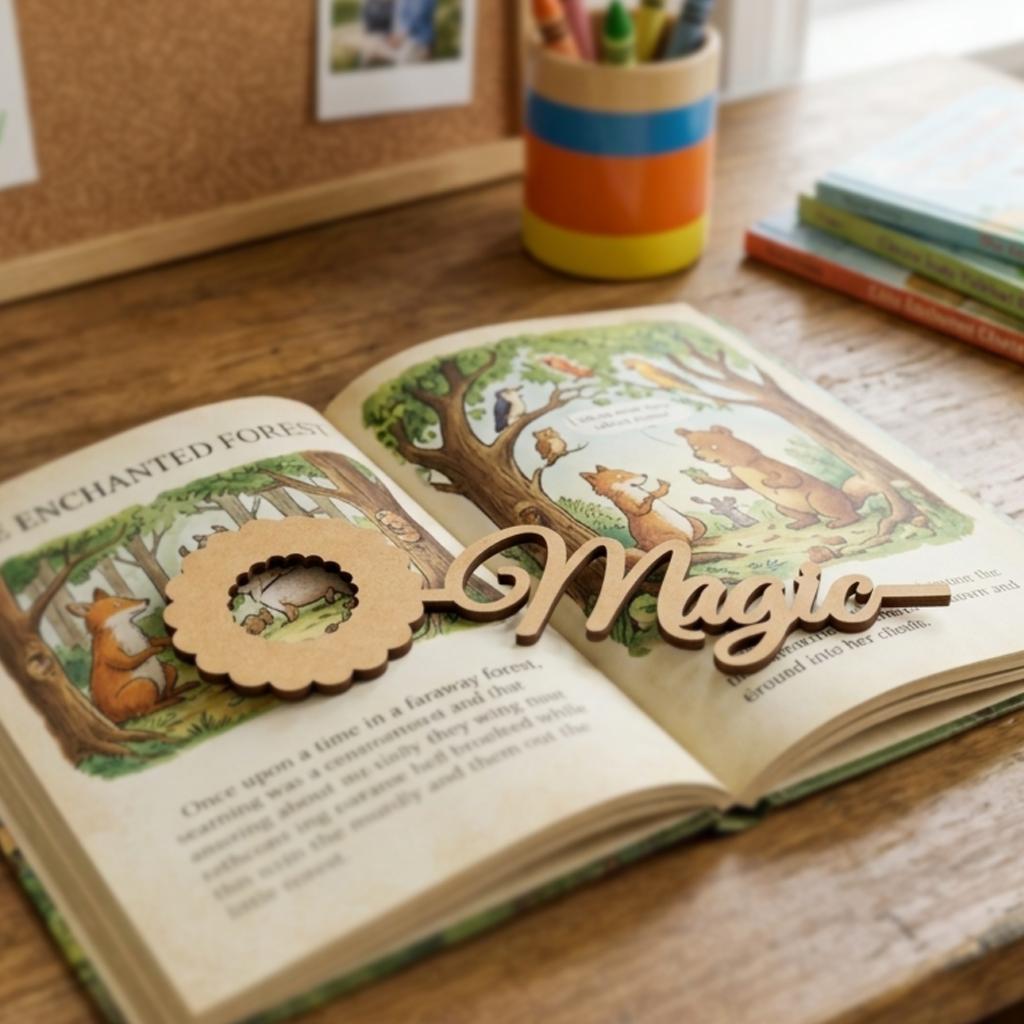 Open book with 'Enchanted Forest' illustration and MDF DIY Bookmark 'Magic' ornament on a wooden surface.