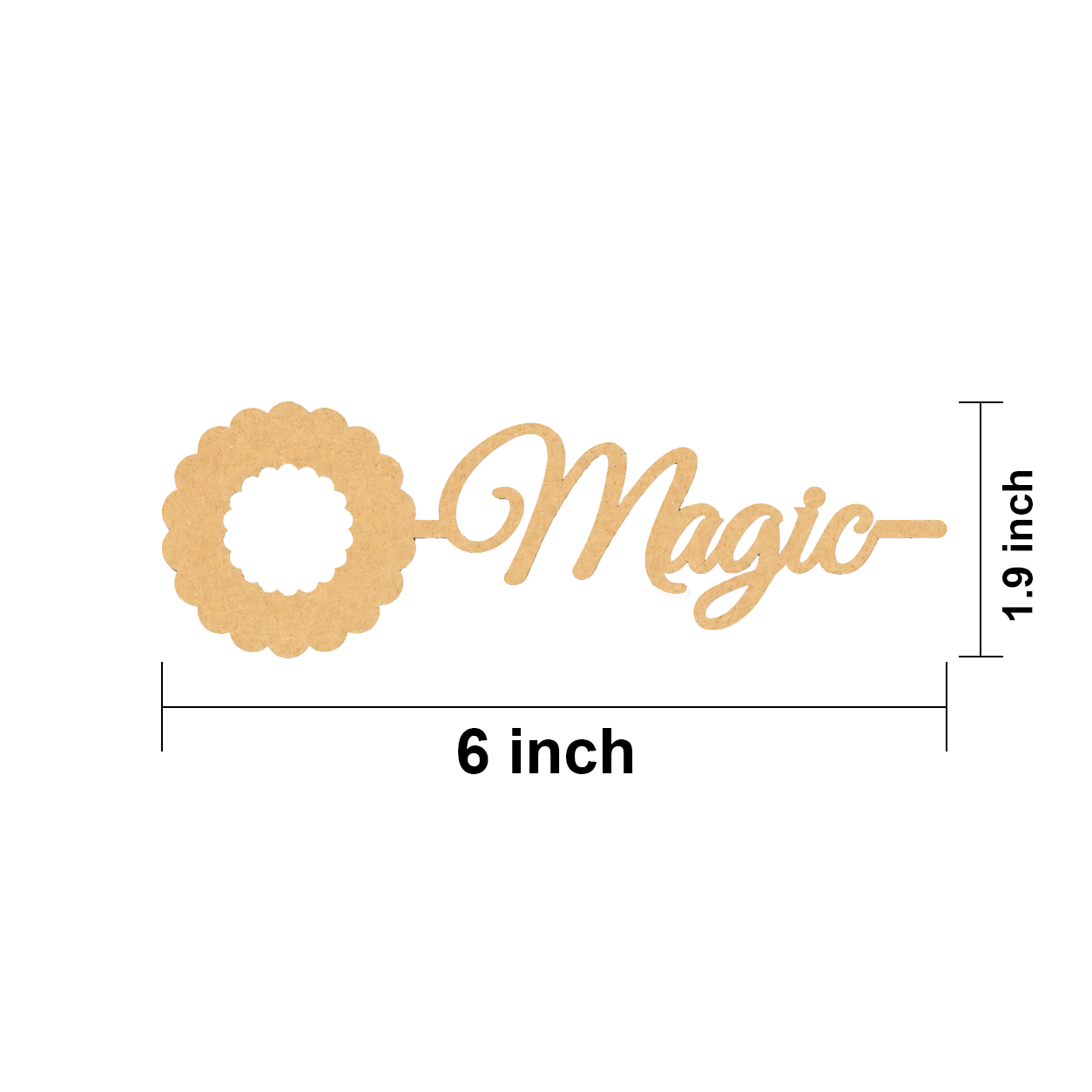 Decorative MDF DIY Bookmark with 'Magic' text and measurements on a white background