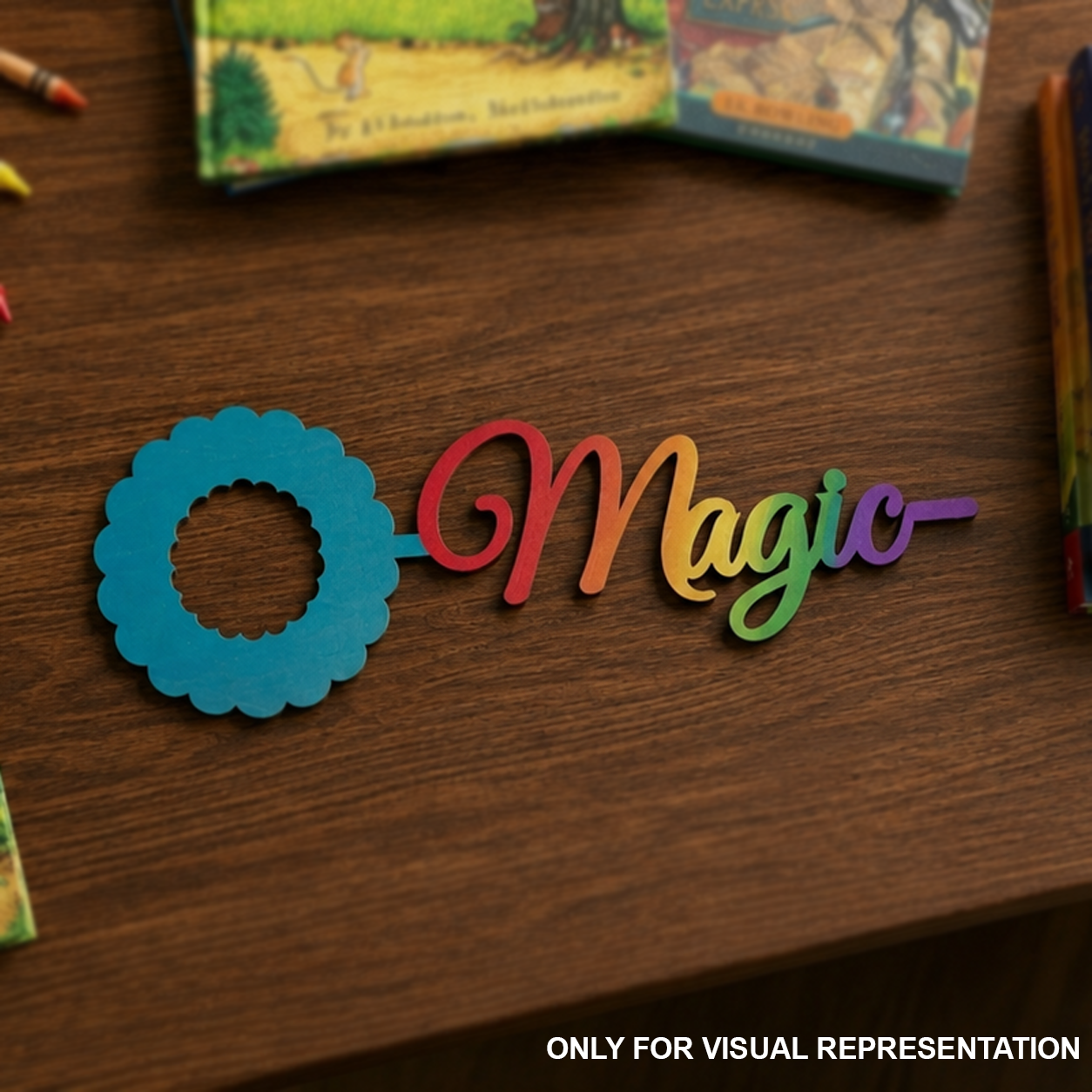 Colorful MDF DIY  Bookmark 'Magic' on a wooden surface with crayons and a book in the background.