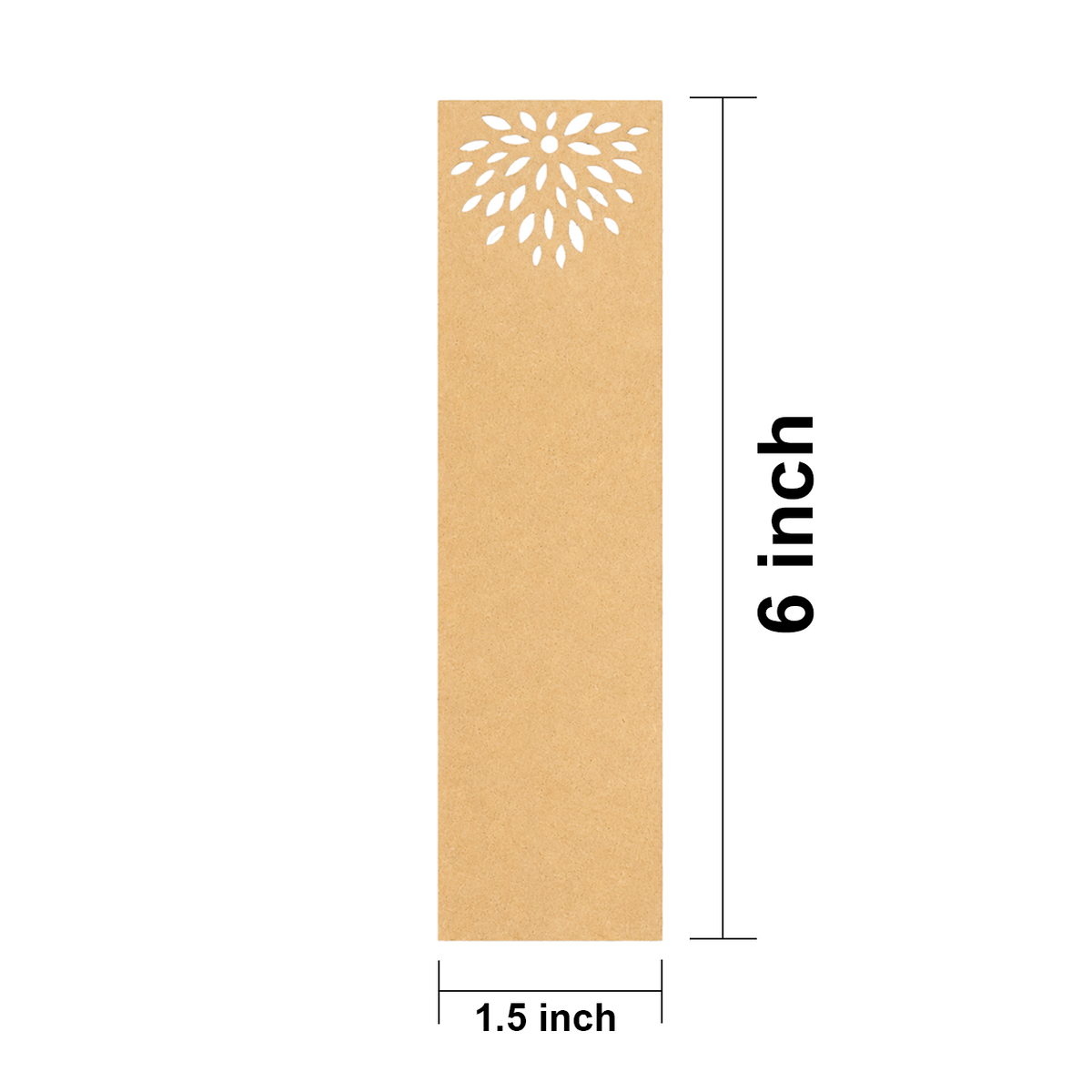 Rectangula MDF DIY  bookmark with cut-out design and measurements on a white background
