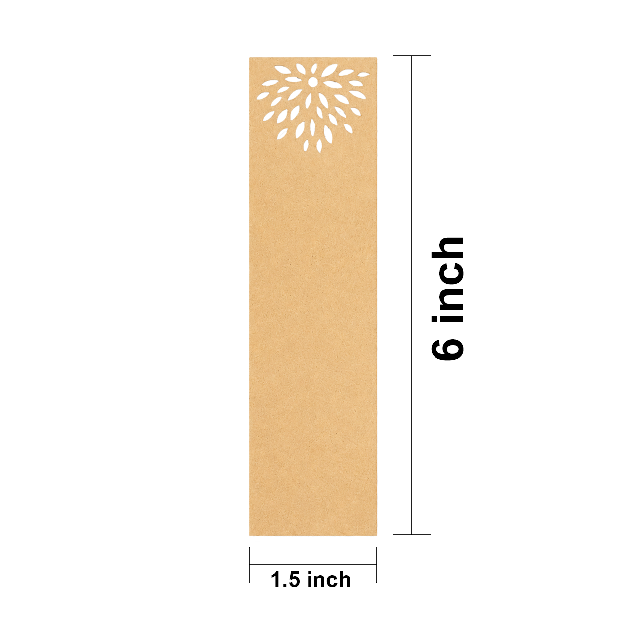 Rectangula MDF DIY  bookmark with cut-out design and measurements on a white background