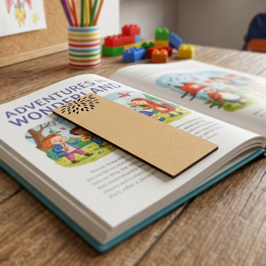 Open book with a MDF DIY  bookmark on a wooden surface, surrounded by colorful toys and stationery.