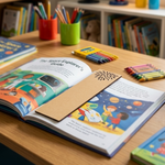 Open book on a table with MDF DIY Bookmark, surrounded by crayons and books.