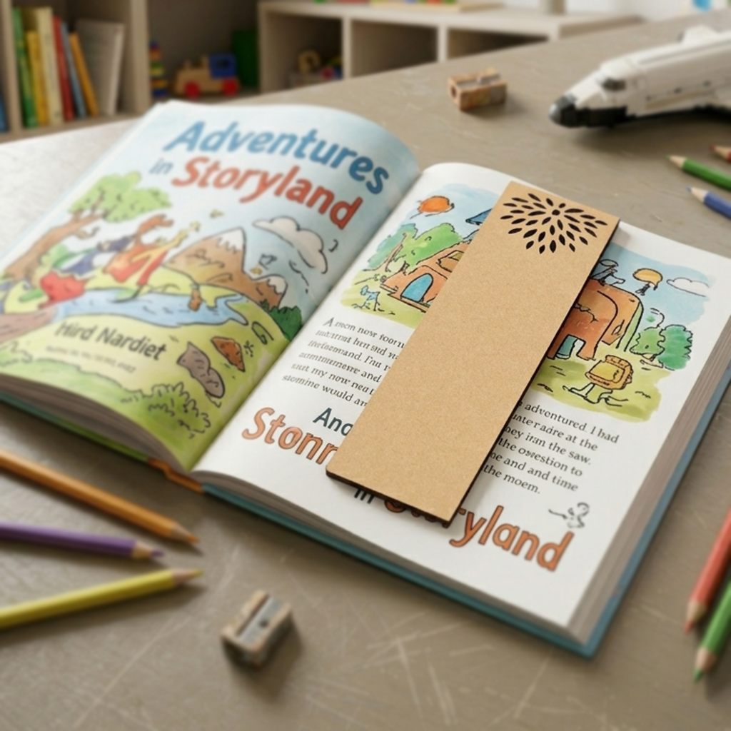 Open book titled 'Adventures in Storyland' with a MDF DIY bookmark on a desk with pencils and toys.