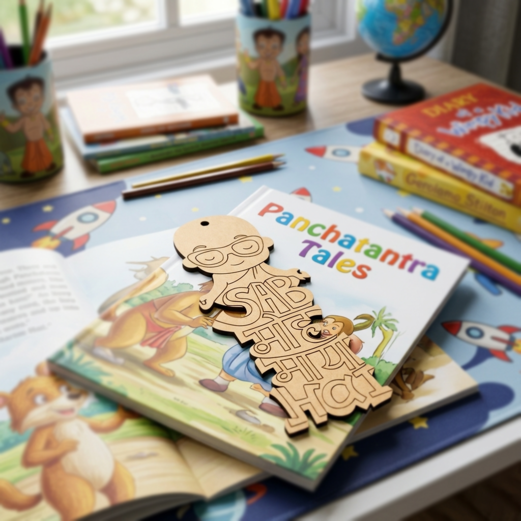 Children's book titled 'Panchatantra Tales' with MDF DIY  bookmark  piece on a desk with books and stationery.