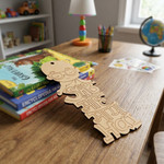 MDF DIY  bookmark with toy figure on a desk with books and stationery in the background