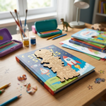 Children's book titled with MDF DIY  bookmark with puzzle pieces on a desk with art supplies
