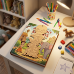 Children's book with  on a MDF DIY  bookmark  surrounded by toys and stationery