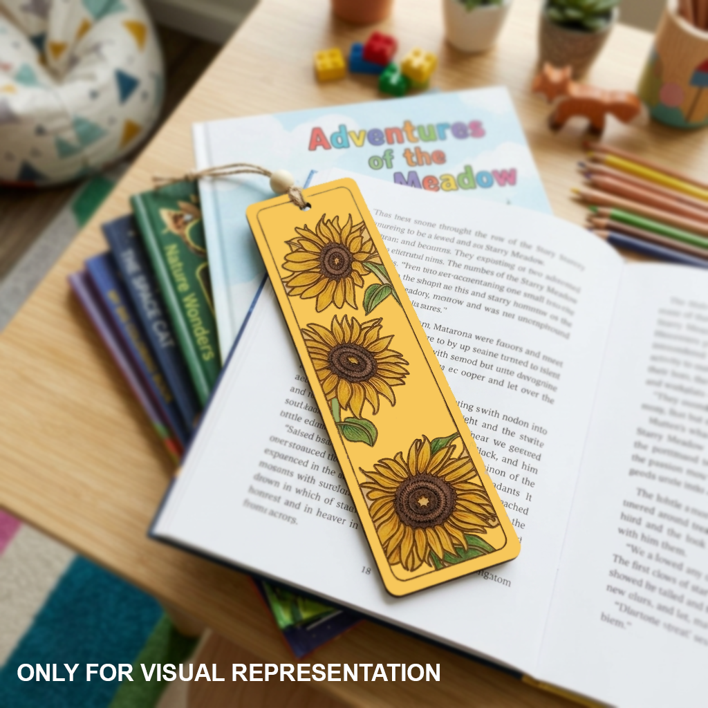 Sunflower-themed MDF DIY bookmark on an open book with colorful pencils and toys in the background