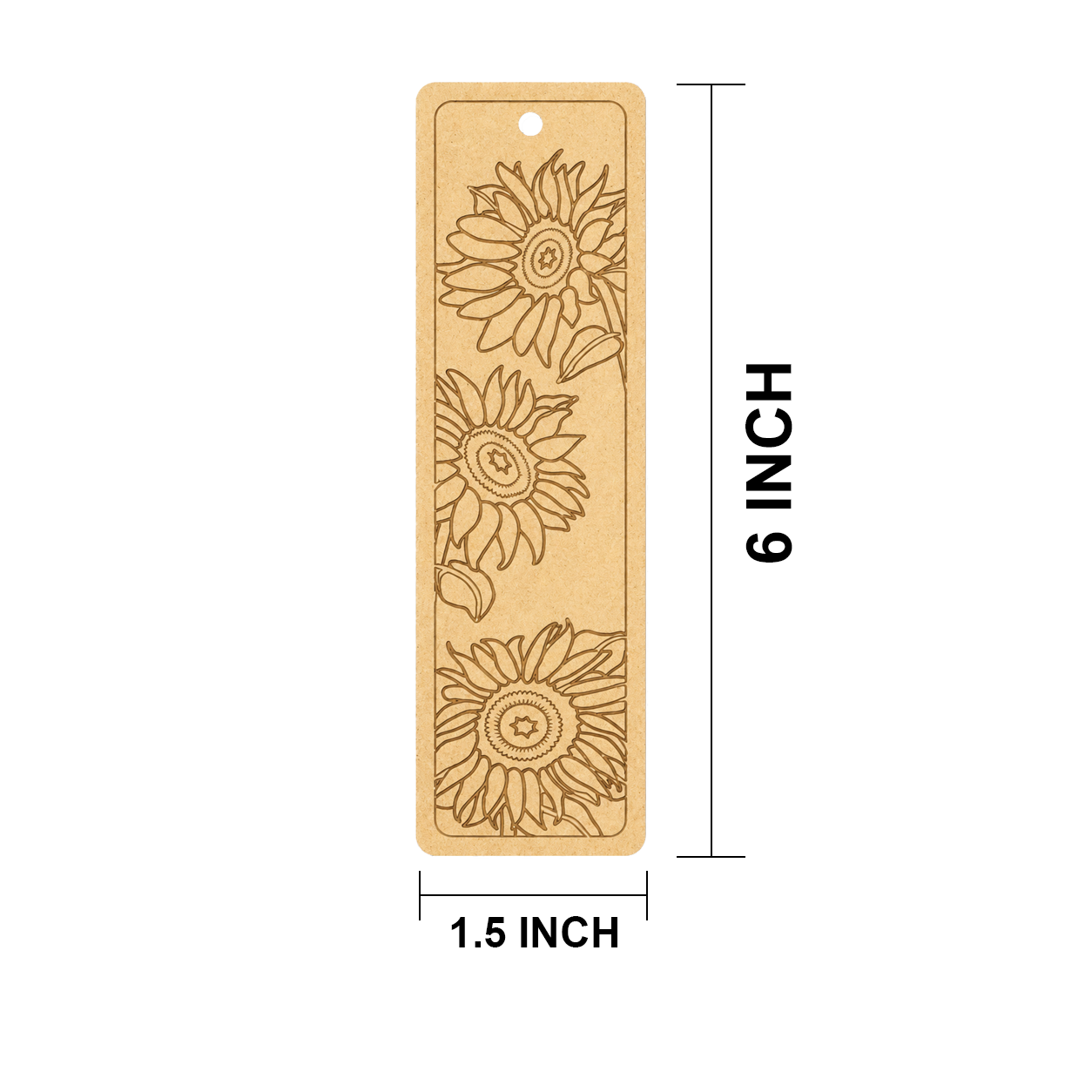 MDF DIY  bookmark with sunflower design and measurements on a white background