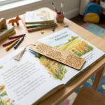 Open book with a MDF DIY  bookmark on a wooden table, surrounded by crayons and books.