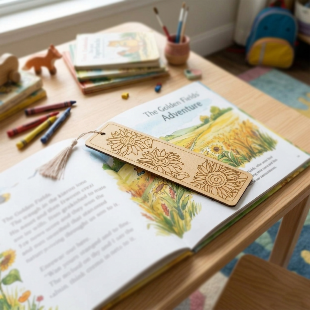 Open book with a MDF DIY  bookmark on a wooden table, surrounded by crayons and books.