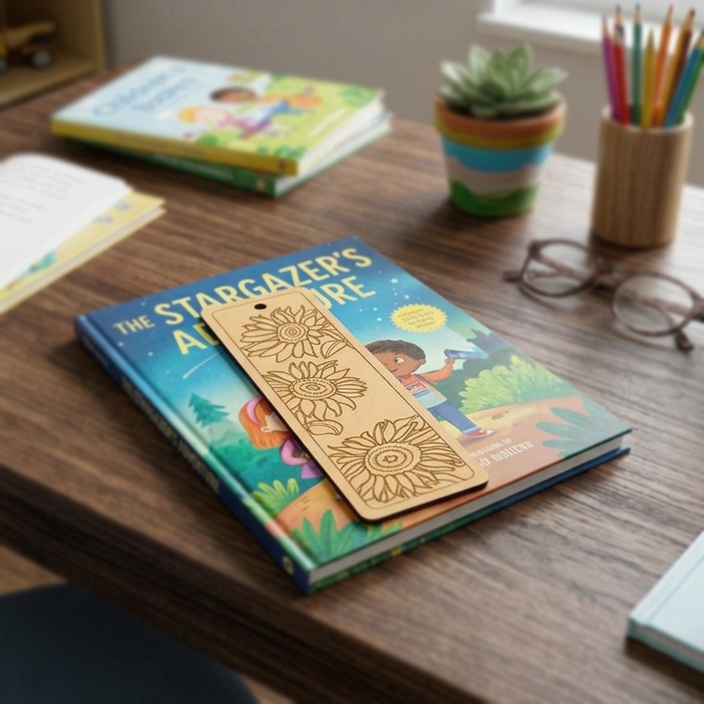 Book with a MDF DIY  bookmark on a wooden table with books and stationery items in the background.