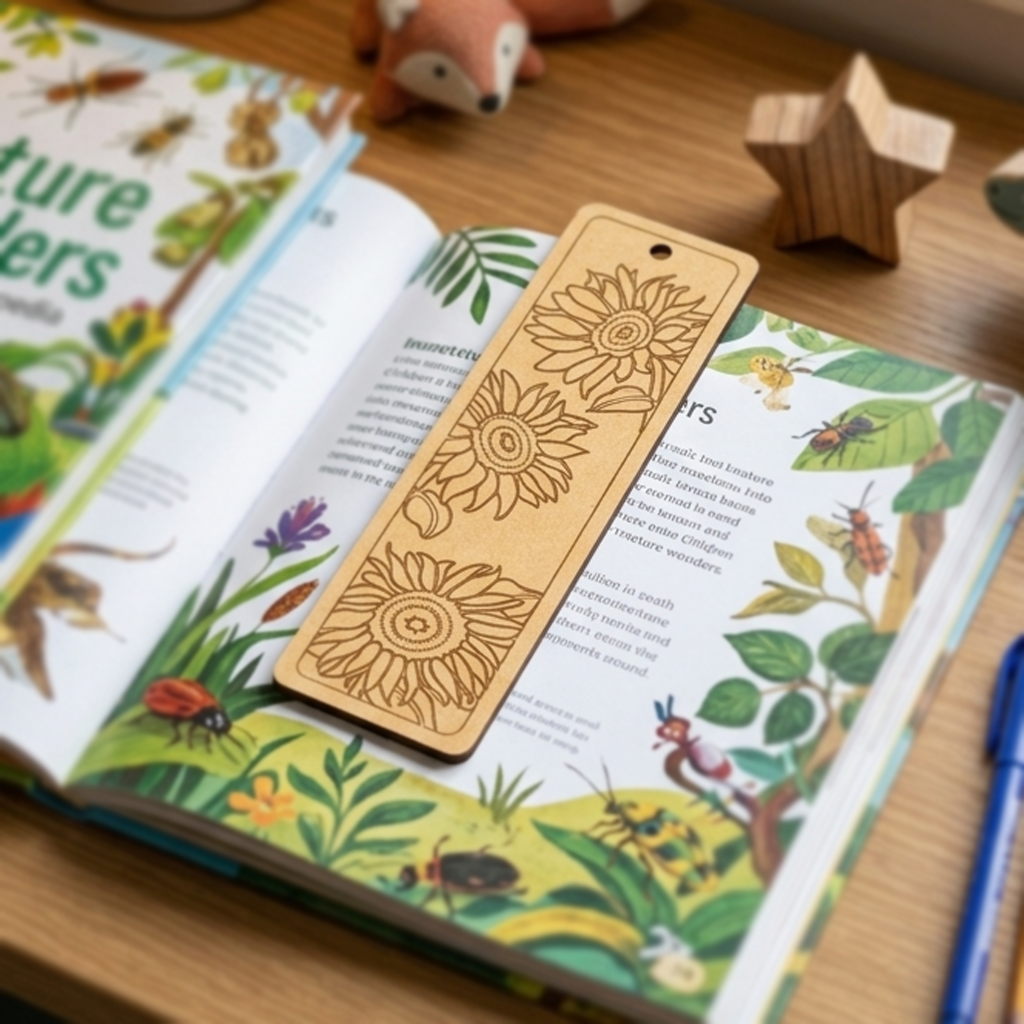 MDF DIY  bookmark with sunflower design on a colorful book