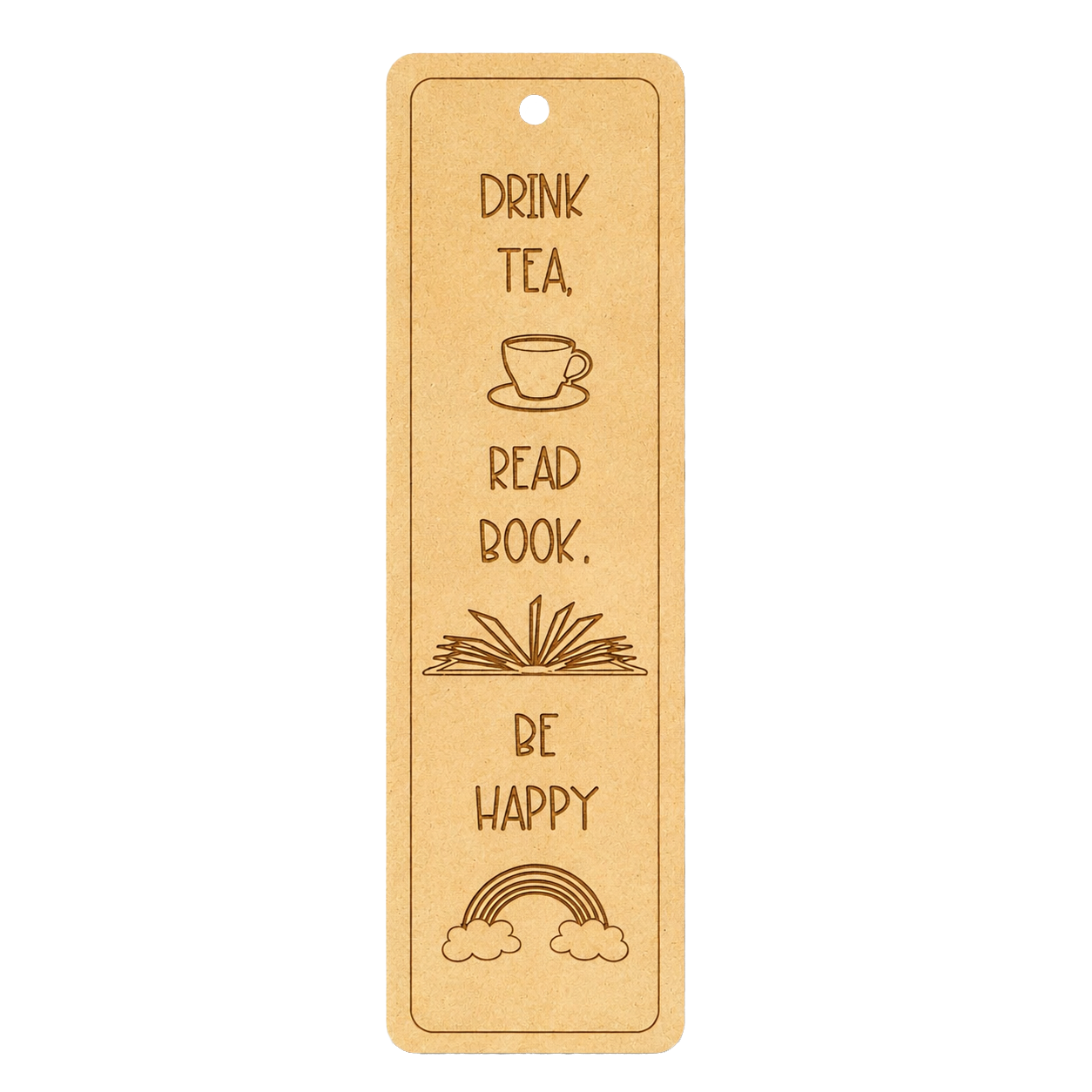 MDF DIY  bookmark with engraved text and illustrations on a white background