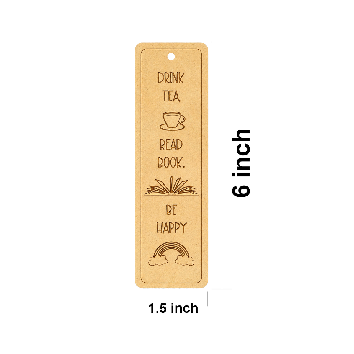 MDF DIY  bookmark with engraved text and measurements on a white background