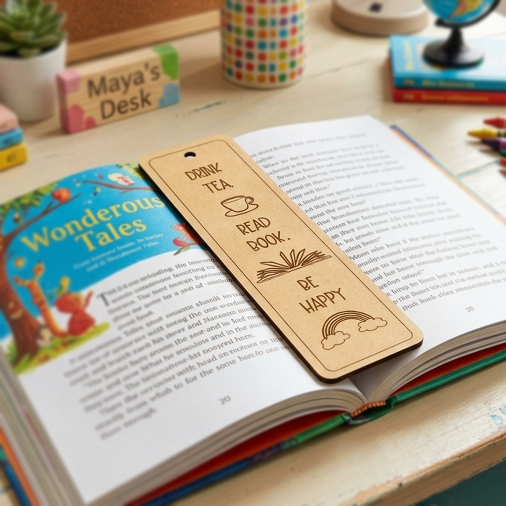 MDF DIY  Bookmark with motivational quote on an open book, surrounded by books and stationery items.