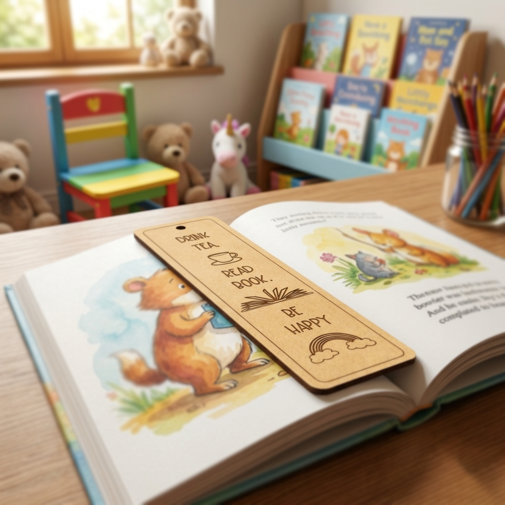 Open book with a fox illustration and a MDF DIY  bookmark on a wooden table, surrounded by children's toys and books.