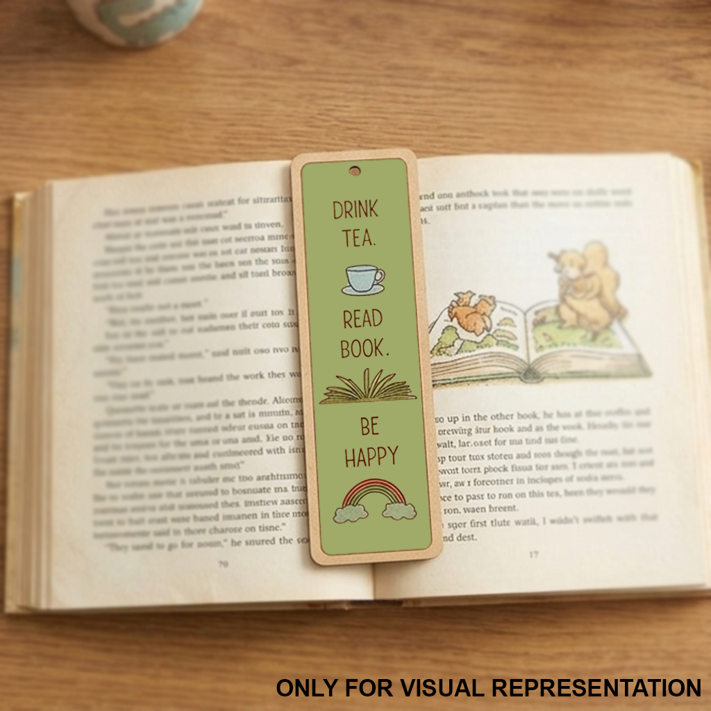 MDF DIY  Bookmark with text 'Drink Tea, Read Book, Be Happy' on an open book