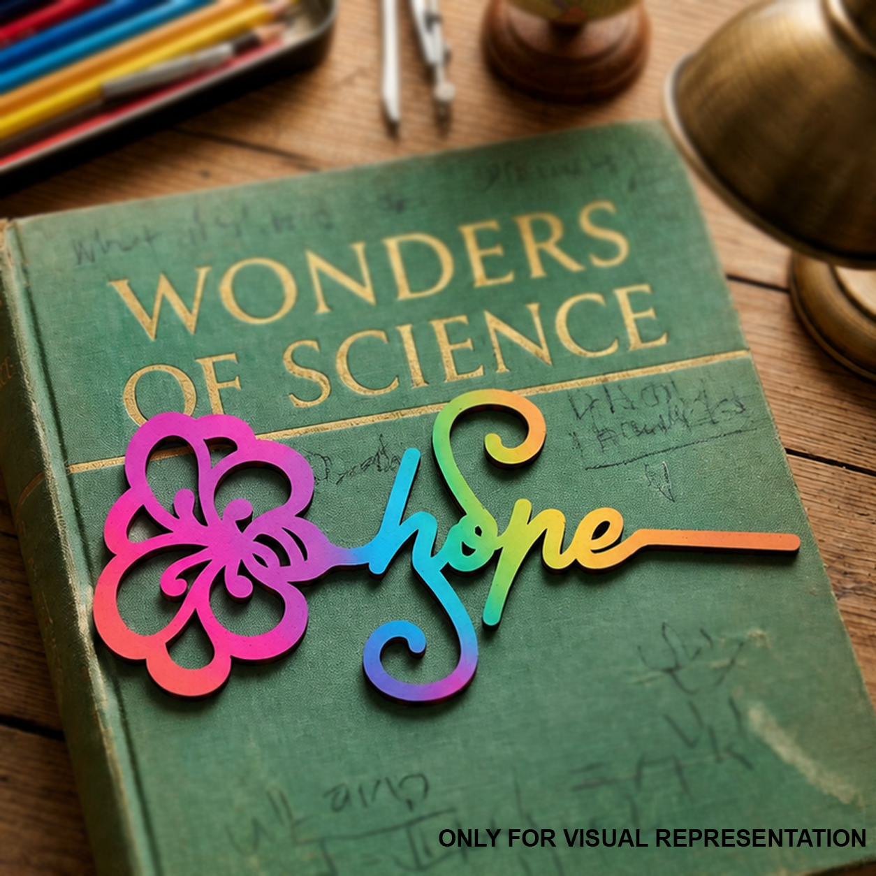 Colorful 'hope' MDF DIY Bookmark on a book titled 'Wonders of Science' on a wooden surface.