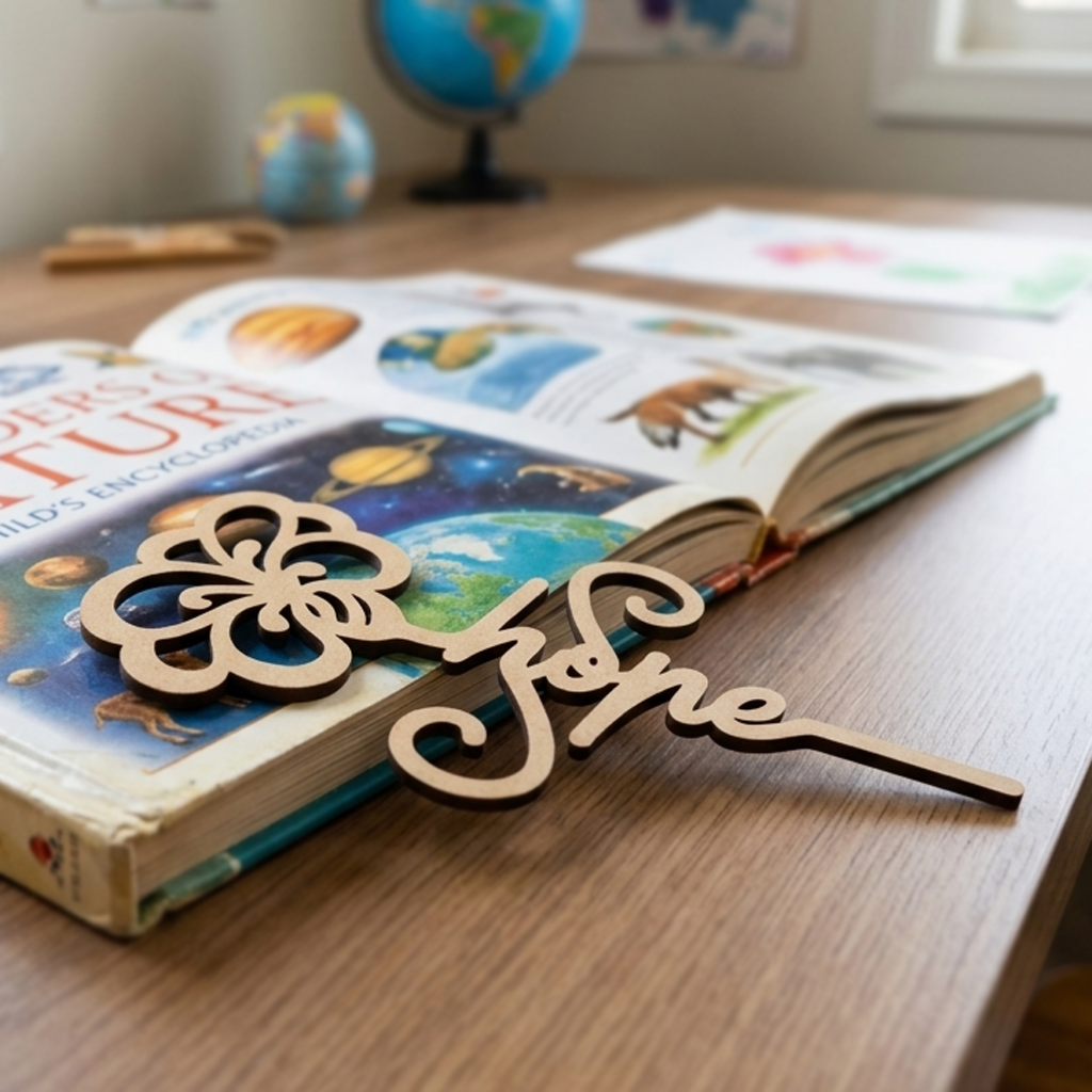 MDF DIY bookmark with 'hope' on an open book on a wooden surface