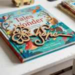 Book titled 'Tales of Wonder' with decorative MDF DIY Bookmark spelling 'hope' on a white surface.